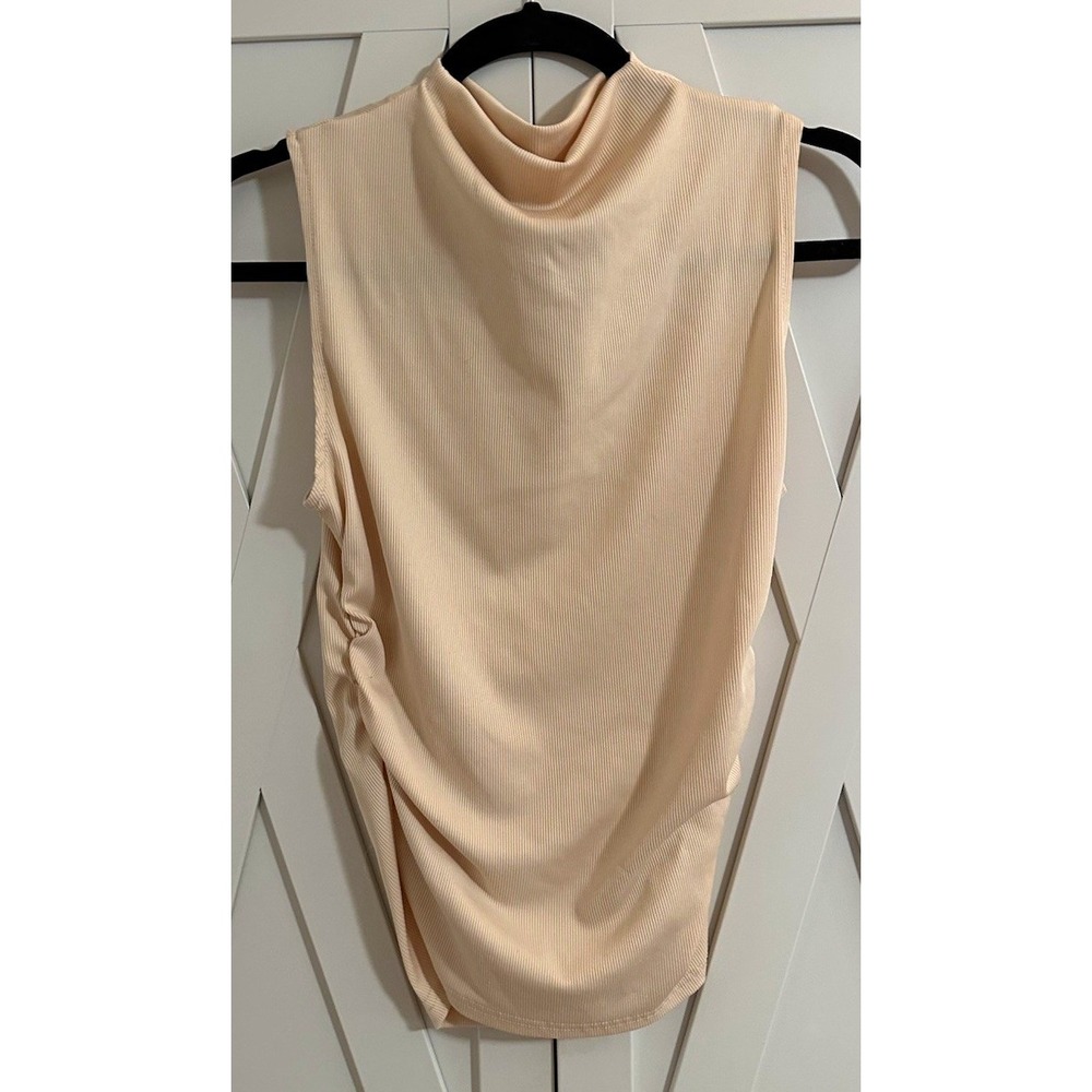 SheIn Women's Beige Solid Mock Neck Sleeveless Ruched Knit Top, Size L